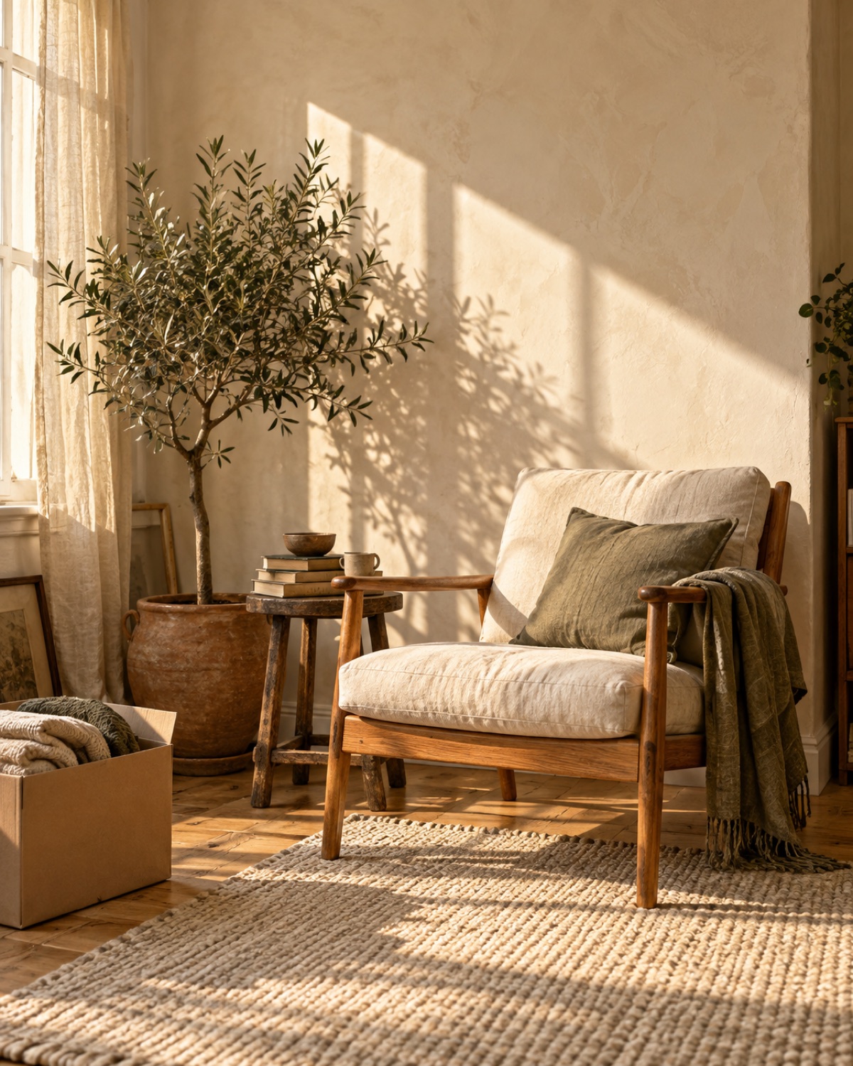 Afternoon sunlight fills a cozy reading corner with a well-loved wooden chair, old books and greenery.